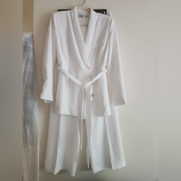 Zara Collection co-ord set Tie-belt blazer+pants white/ecru sz L NWT NO LOW BALL - Picture 8 of 11
